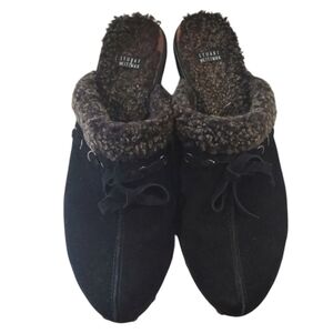 Stuart Weitzman Black Fur-Lined Knitted Slippers Clogs